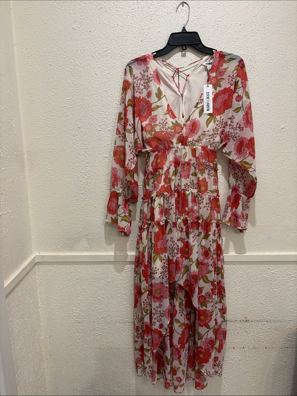 Steve Madden White Floral Maxi Dress with Red & Green Print